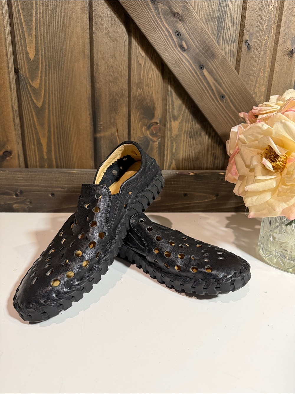 Kissy Kissy Black Perforated Leather Slip-On Loafers with Woven Sole